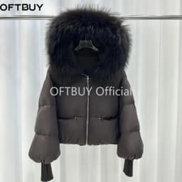 OFTBUY Women Hooded Real Rccoon Fur Duck Down Parkas Fashion Zipper Pocket Thick Short Puffer Coat Jacket with Fur for Female