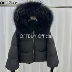 OFTBUY Women Hooded Real Rccoon Fur Duck Down Parkas Fashion Zipper Pocket Thick Short Puffer Coat Jacket with Fur for Female