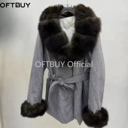 OFTBUY Fashion Waist Tie Long Clothes with Real Fur Women Winter Warm Suede Belted Coat Big Natural Fur Collar Slim Jacket