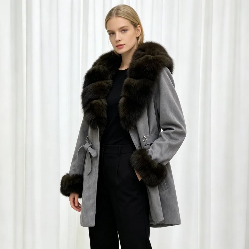 OFTBUY Fashion Waist Tie Long Clothes with Real Fur Women Winter Warm Suede Belted Coat Big Natural Fur Collar Slim Jacket
