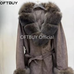 OFTBUY Fashion Waist Tie Long Clothes with Real Fur Women Winter Warm Suede Belted Coat Big Natural Fur Collar Slim Jacket
