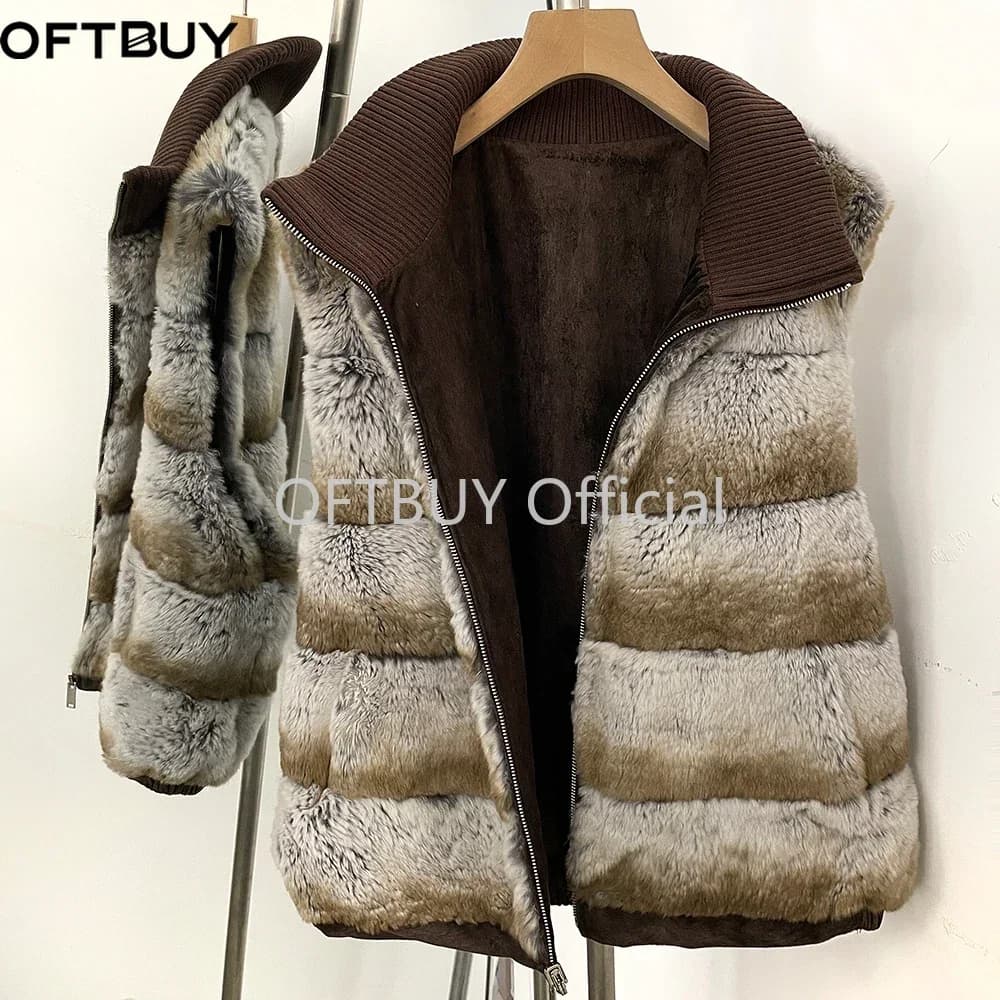OFTBUY Knit Collar Zip Up Two Sides Wear Fur Waist Coat Women Reversible Real Rabbit Fur Vest New Winter Fur Clothing Female