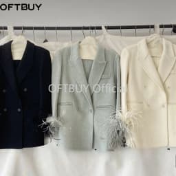 OFTBUY Women's 100% Wool Blazer Feather Cuff Double Breasted Suit Jacket Elegant Winter Warm Coat Casual Office Lady Outerwear