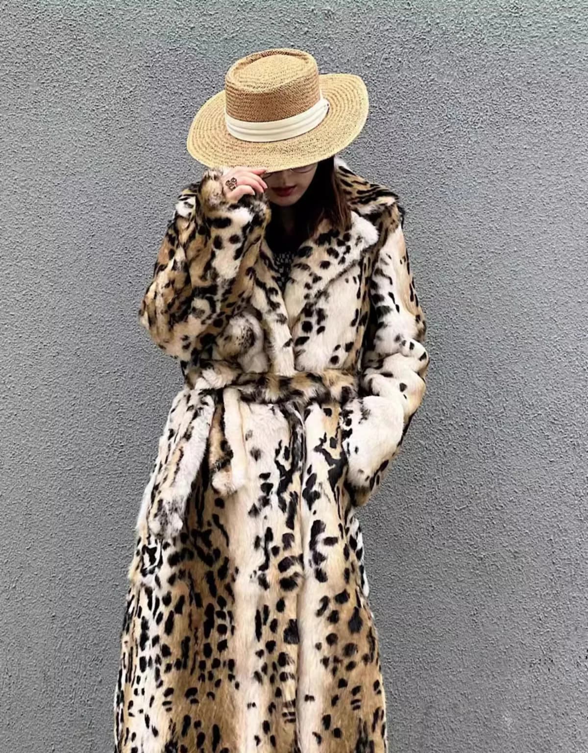 Genuine natural real Rabbit Fur Coat women's long leopard jacket with belt ladies warm winter outwear custom any size