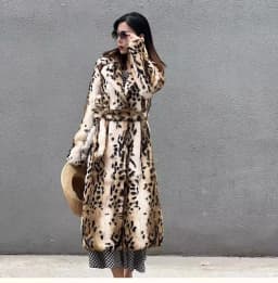 Genuine natural real Rabbit Fur Coat women's long leopard jacket with belt ladies warm winter outwear custom any size