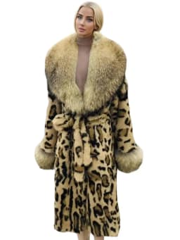 Leopard Print Real Rabbit Fur Coat for Women Long Thickened Warm One-Piece Autumn Winter Fashion with Fox Fur Collar