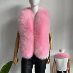 BEIZIRU Women's Real Fox Fur Halter Vest Sleeveless Deep V-Neck Solid Top Outerwear Fluffy Luxury Fashion