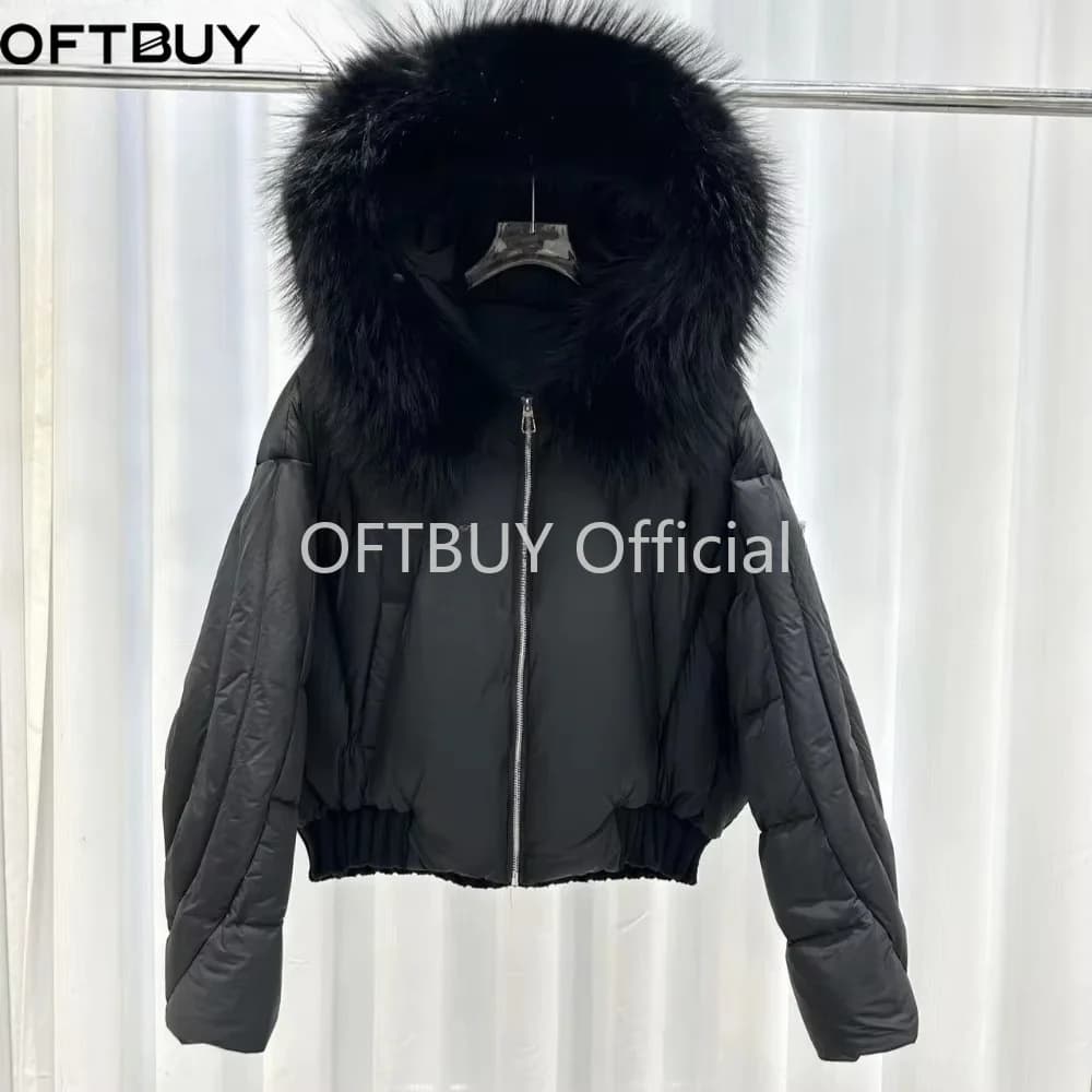 OFTBUY Short Zipper Parkas with Fur for Women Winter Warm Thick Duck Down Jacket Real Rccoon Fur Collar Women Hooded Clothing
