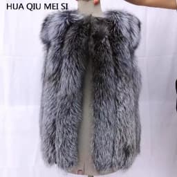 HUA QIU MEI SI Women's fox fur coat vertical stripe silver fox red fox fur coat women's natural fur coat