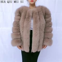 HUA QIU MEI SI Women's fox fur coat vertical stripe silver fox red fox fur coat women's natural fur coat