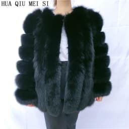 HUA QIU MEI SI Women's fox fur coat vertical stripe silver fox red fox fur coat women's natural fur coat