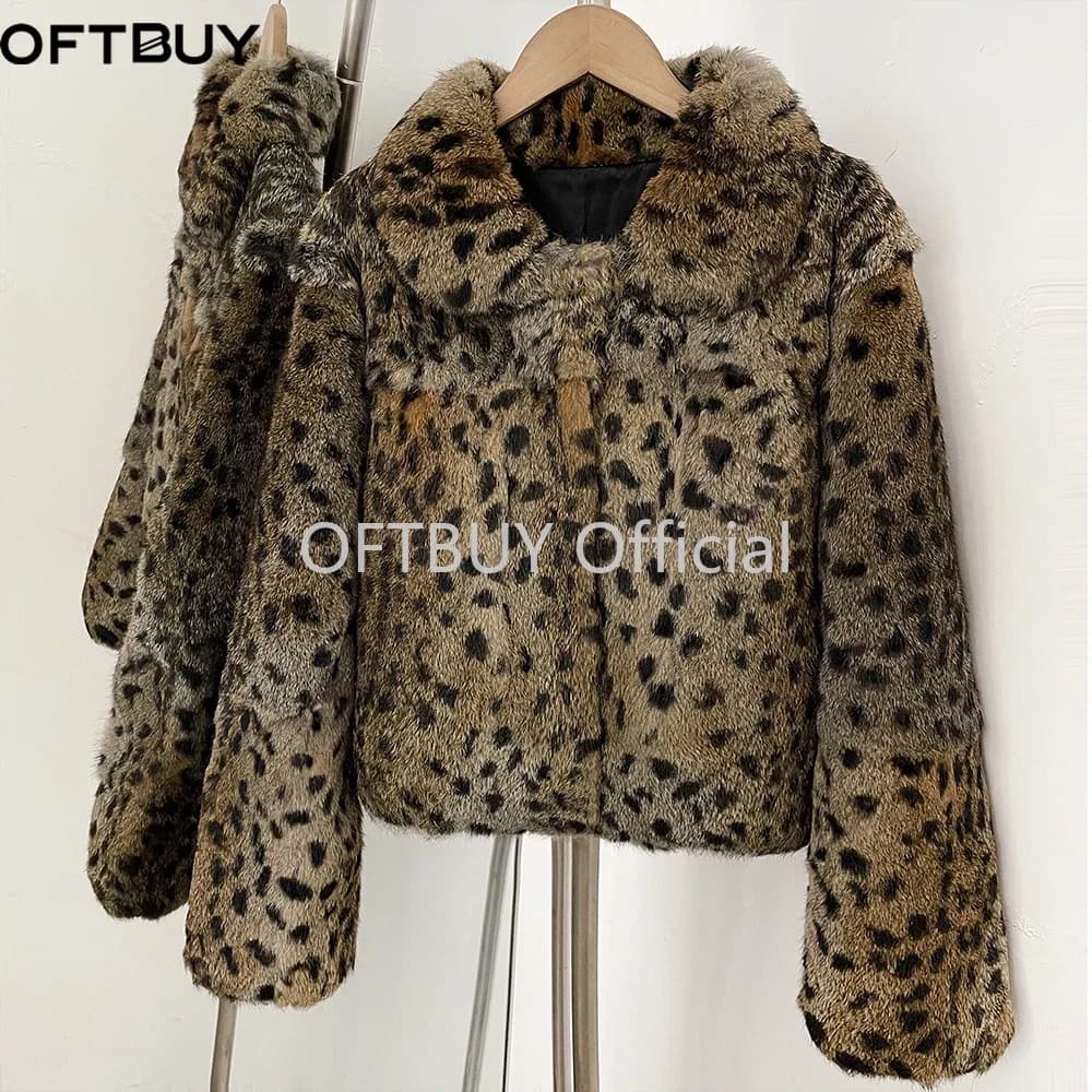 OFTBUY Peter Pan Collar Short Winter Natural Rabbit Fur Jacket Women Leopard Print Real Rabbit Fur Coat New Clothes Warm Female
