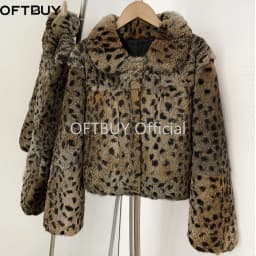OFTBUY Peter Pan Collar Short Winter Natural Rabbit Fur Jacket Women Leopard Print Real Rabbit Fur Coat New Clothes Warm Female
