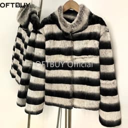 OFTBUY Stand Collar Natural Rabbit Fur Winter Jacket Female New Short Clothes Women Black White Striped Real Rabbit Fur Coat