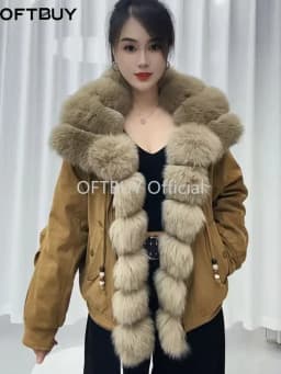 OFTBUY Winter Goose Down Clothing Women's Short Zipper Puffer Jacket with Real Fur Warm Big Natural Fur Collar Loose Outerwear