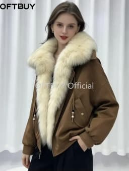 OFTBUY Winter Goose Down Clothing Women's Short Zipper Puffer Jacket with Real Fur Warm Big Natural Fur Collar Loose Outerwear