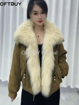 OFTBUY Winter Goose Down Clothing Women's Short Zipper Puffer Jacket with Real Fur Warm Big Natural Fur Collar Loose Outerwear