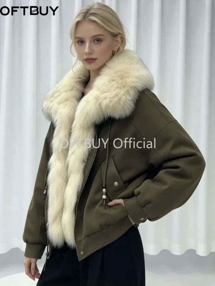 OFTBUY Winter Goose Down Clothing Women's Short Zipper Puffer Jacket with Real Fur Warm Big Natural Fur Collar Loose Outerwear