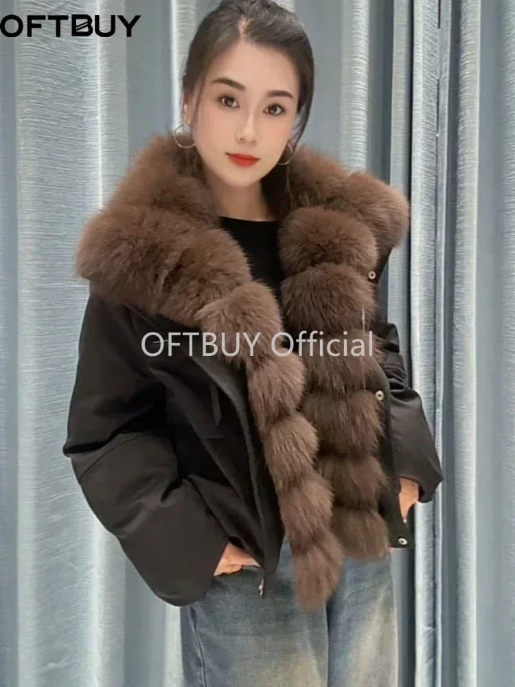OFTBUY Goose Down Jacket with Natural Fur for Female Warm Casual Winter Puffer Coat with Fur Collar Zipper Women's Down Parkas