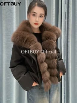 OFTBUY Goose Down Jacket with Natural Fur for Female Warm Casual Winter Puffer Coat with Fur Collar Zipper Women's Down Parkas