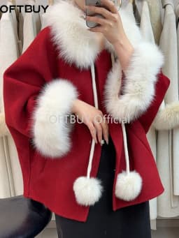 OFTBUY Women's Short Wool Coat Real Fox Fur Collar Cuffs Pom Pom Drawstring Woolen Clothing New Winter Warm Elegant Outerwear