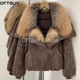 OFTBUY Luxury Real Fur Duck Down Clothes Overszie Women Wool Blend Down Jacket with Real Fox Fur Collar New Winter Warm Coat