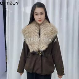 OFTBUY Ladies Fashion Slim Clothing with Real Fur Women Suede Belted Coat Winter Warm Big Raccoon Fur Collar Duck Down Jacket
