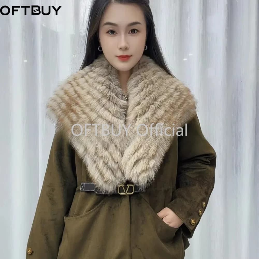 OFTBUY Ladies Fashion Slim Clothing with Real Fur Women Suede Belted Coat Winter Warm Big Raccoon Fur Collar Duck Down Jacket