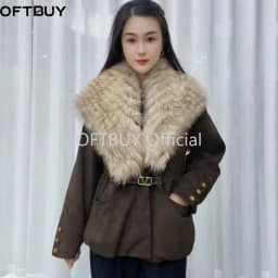 OFTBUY Ladies Fashion Slim Clothing with Real Fur Women Suede Belted Coat Winter Warm Big Raccoon Fur Collar Duck Down Jacket