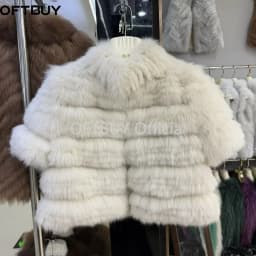 OFTBUY New Luxury Winter Clothes Lady Women Short Real Fox Fur Coat Striped Stand Collar Half Sleeve Cropped Natural Fur Jacket