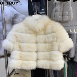 OFTBUY New Luxury Winter Clothes Lady Women Short Real Fox Fur Coat Striped Stand Collar Half Sleeve Cropped Natural Fur Jacket