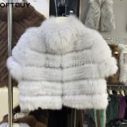 OFTBUY New Luxury Winter Clothes Lady Women Short Real Fox Fur Coat Striped Stand Collar Half Sleeve Cropped Natural Fur Jacket