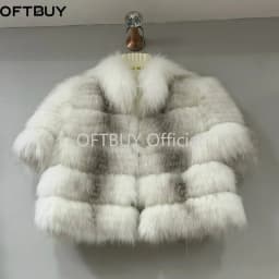 OFTBUY New Luxury Winter Clothes Lady Women Short Real Fox Fur Coat Striped Stand Collar Half Sleeve Cropped Natural Fur Jacket