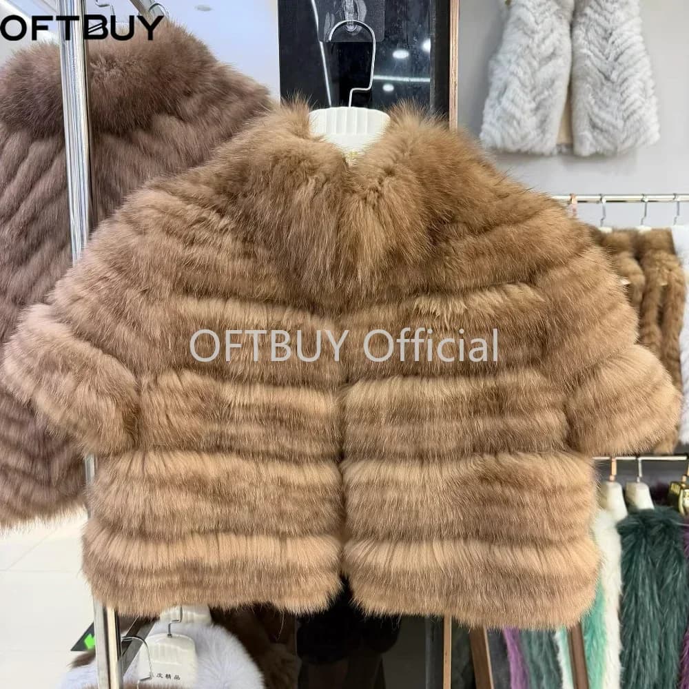 OFTBUY New Luxury Winter Clothes Lady Women Short Real Fox Fur Coat Striped Stand Collar Half Sleeve Cropped Natural Fur Jacket