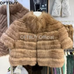 OFTBUY New Luxury Winter Clothes Lady Women Short Real Fox Fur Coat Striped Stand Collar Half Sleeve Cropped Natural Fur Jacket