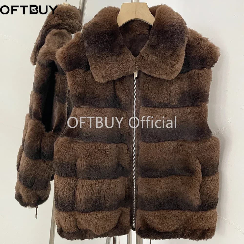 OFTBUY Big Turn Collar Two Ways Wear Sleeveless Clothes Female New Winter Fur Waistcoat Women Reversible Real Rabbit Fur Vest