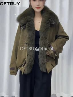 OFTBUY Women's Oversize Goose Down Jacket Big Natural Fur Collar Puffer Coat Fashion Windproof Outerwear with Fur for Female