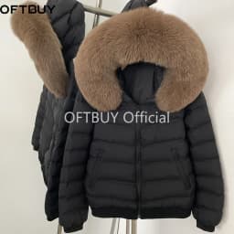 OFTBUY Quilted Zipper Pockets Women Short Down Jacket Goose Down Coat with Real Fox Fur Hood New Winter Puffer Coat Female