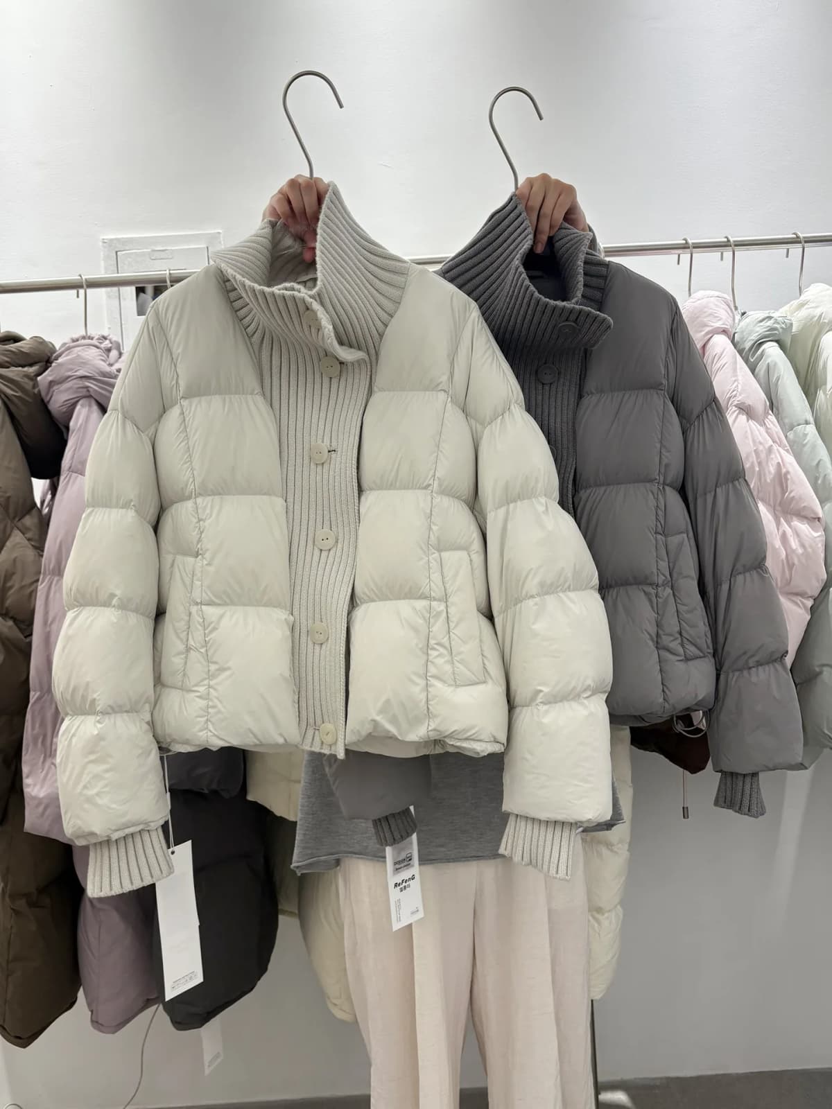 Women's Short Down Coat Knitting Spliced Stand Collar Puffer Jacket Winter Single Breasted Loose Casual Chic Thick Warm Overcoat