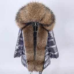 Maomaokong 2026 Winter Luxury Real Fox Raccoon Fur Collar Down Jacket Women Hooded Warm Puffer Coat Waterproof Outerwear Parkas