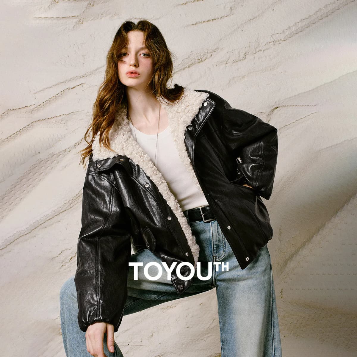 TOYOUTH Women Down Jacket 2026 Winter New Sherpa Spliced Vintage Distressed Moto Outerwear