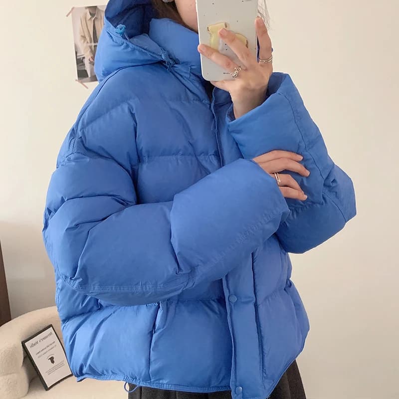 Korean Cropped Hooded Down Jacket for Women Winter Thickened White Duck Down Coats Woman Solid Color All Match Puffer Jackets