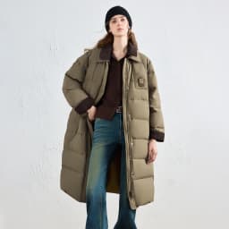 TOYOUTH Women Long Fluoride-Free Water Resistant Down Jacket 2026 Winter New Corduroy Double Collar Badge Embroidered Outerwear