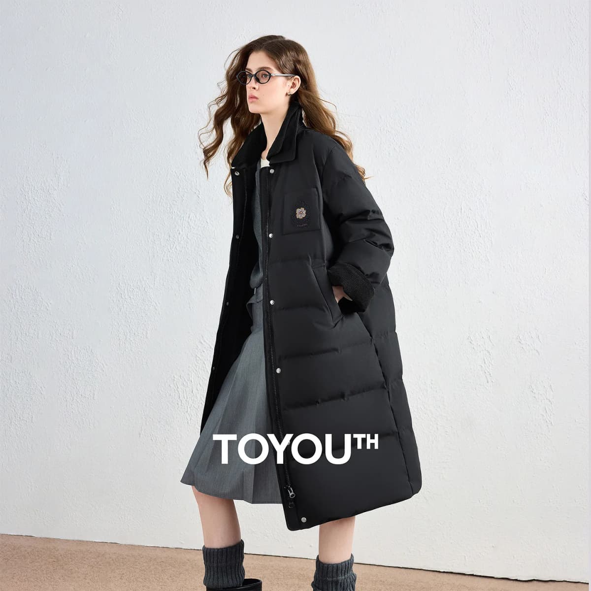 TOYOUTH Women Long Fluoride-Free Water Resistant Down Jacket 2026 Winter New Corduroy Double Collar Badge Embroidered Outerwear
