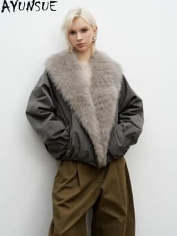 AYUNSUE White Goose Down Women Warm Winter Clothing Real Fox Fur Collar Down Jacket Loose Fit Fashion Short 2026 Пальто Женское