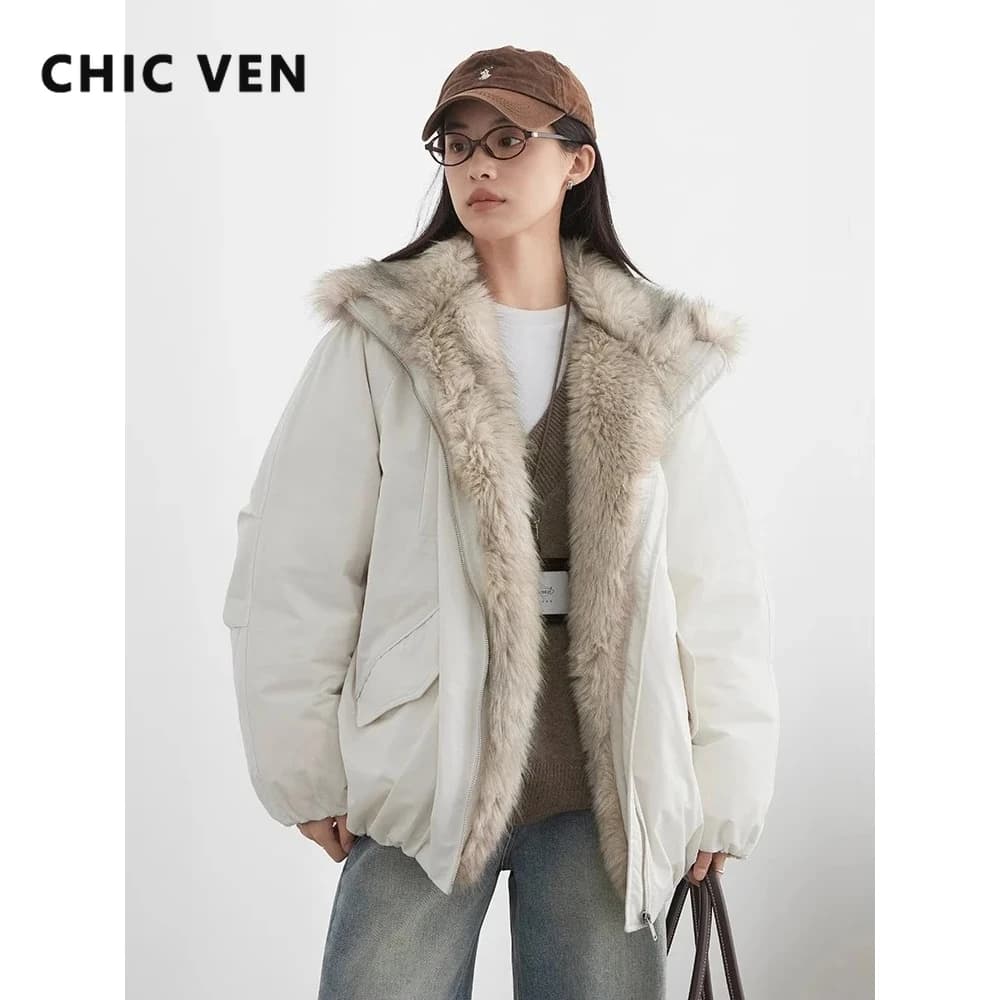 CHIC VEN New Women Down Coat Solid Hooded Loose Casual Faux Fur Collar 90 White Duck Down Ladies Down Jacket Autumn Winter 2026