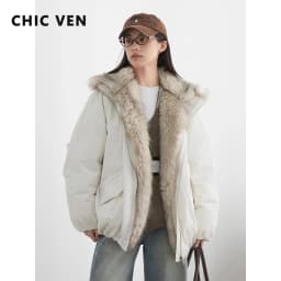 CHIC VEN New Women Down Coat Solid Hooded Loose Casual Faux Fur Collar 90 White Duck Down Ladies Down Jacket Autumn Winter 2026