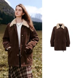 TOYOUTH Women Down Jacket 2026 Winter New Corduroy Teddy Fleece Lapel Drawstring Waist Barnes Style Workwear Outerwear