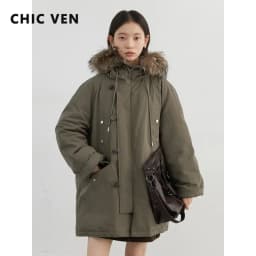 CHIC VEN Women Down Coats Casual Loose Hooded Fur Collar Warm Jackets Korean 90 White Duck Down Female Coat Autumn Winter 2026