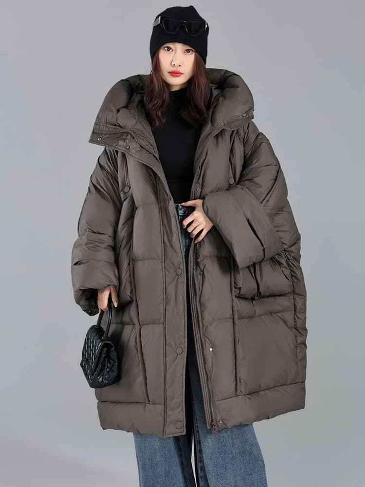 Janveny 2026 Newest Winter Loose Long Puffer Jacket Women Hooded 90% White Duck Down Coat Female Fluffy Warm Down Parka Outwear